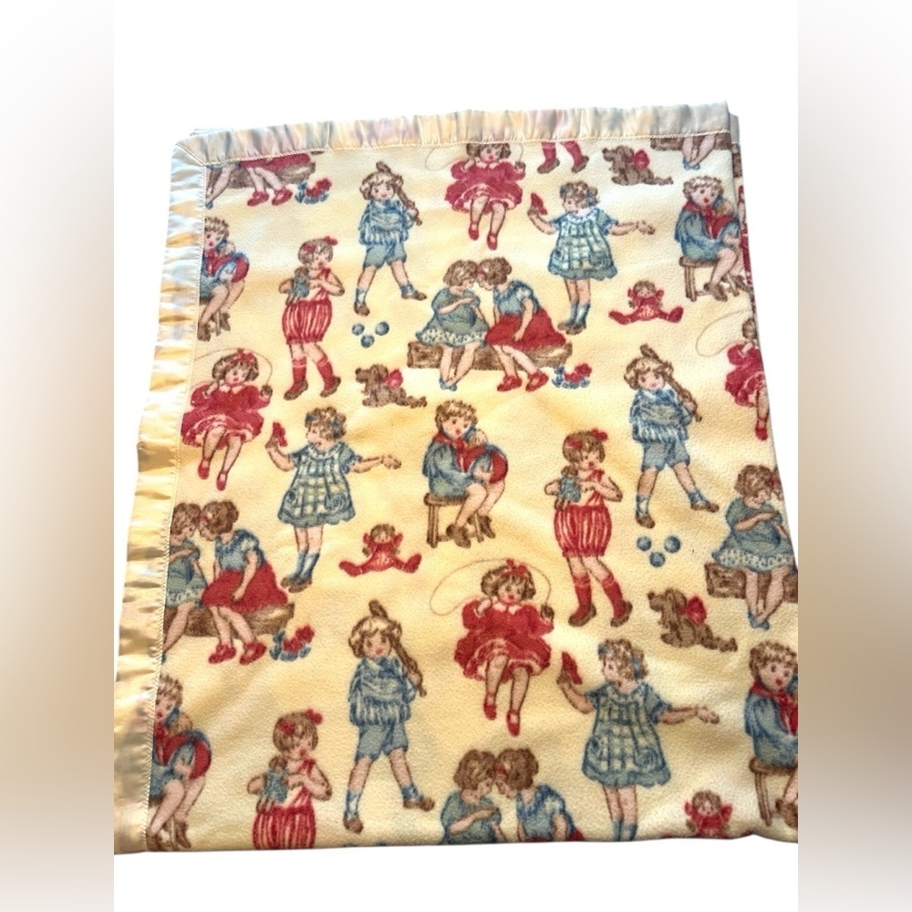 Vintage HandSewn Children Blanket 50” x 72” Girls Boys Dog Doll Cream Satin Trim